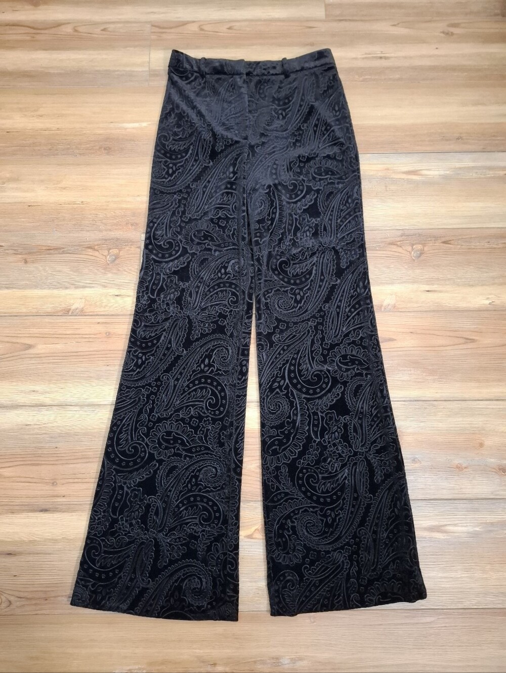 Zara Black Paisley Embossed Velvet Flared Trousers M